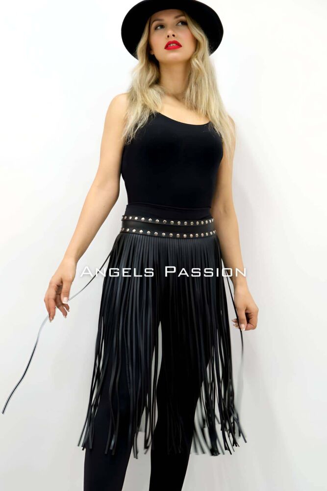 5 mm Tasseled Elegant Leather Skirt, Tasseled Skirt Below Knee - 3