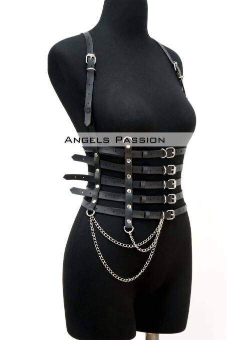 5 Rows Leather Belt With Chain Detail, Leather Corset Belt - 2