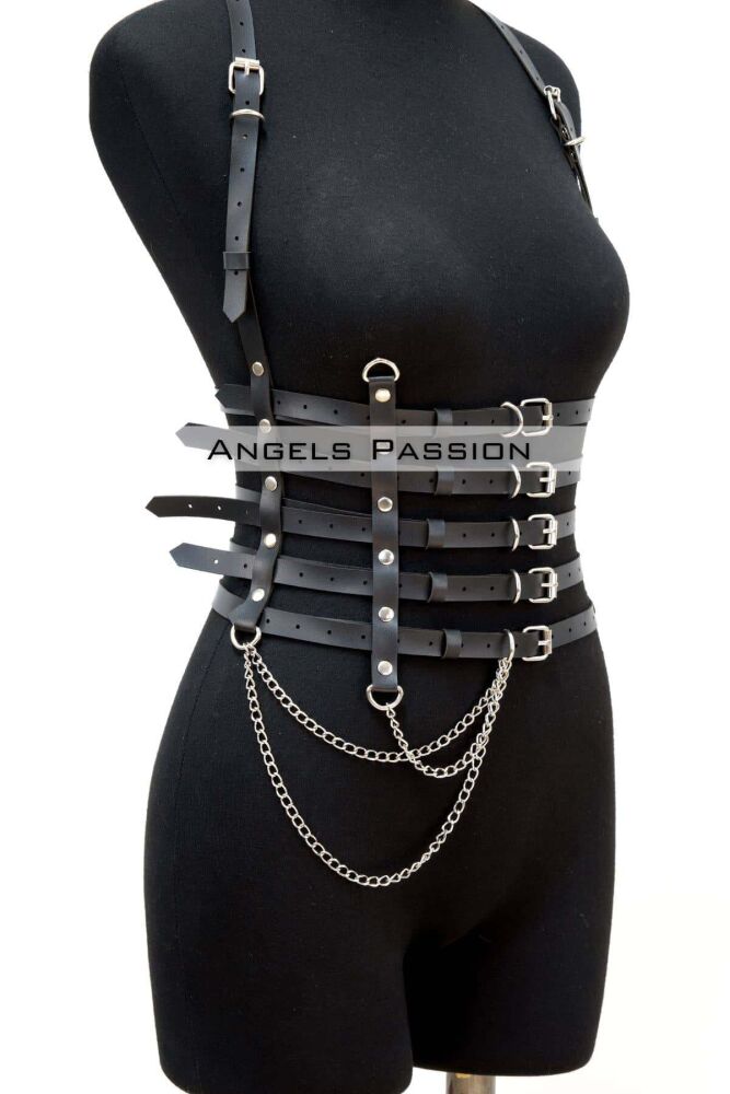 5 Rows Leather Belt With Chain Detail, Leather Corset Belt - 3