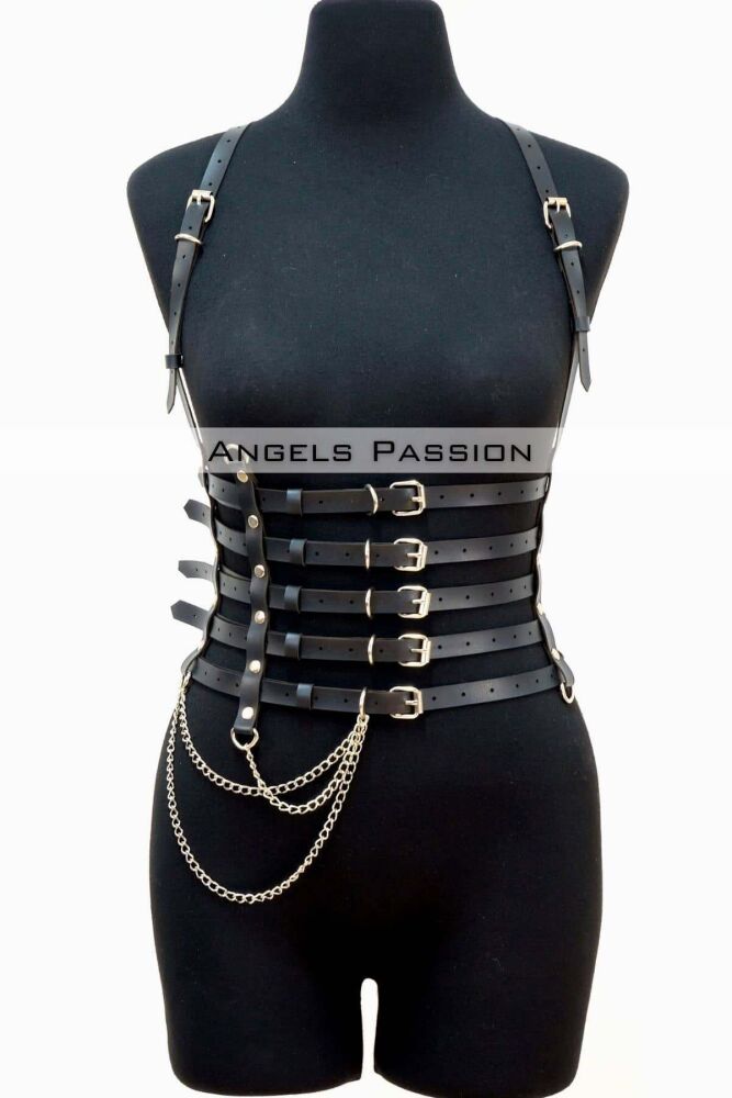 5 Rows Leather Belt With Chain Detail, Leather Corset Belt - 5