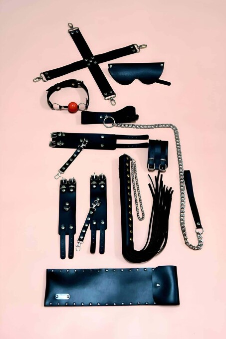 7-Piece Whip Handcuff Set, Mask, Mouth Ball - 1