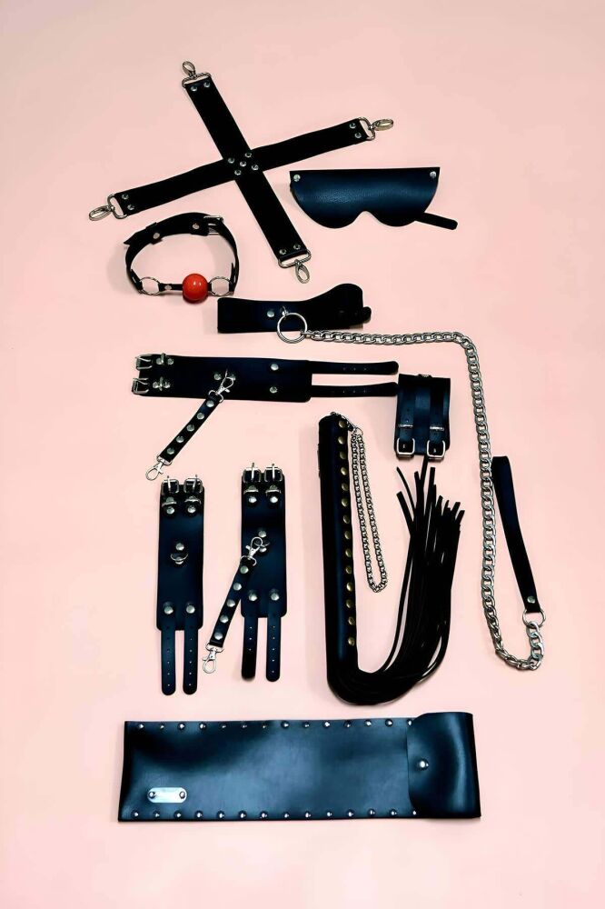 7-Piece Whip Handcuff Set, Mask, Mouth Ball - 1