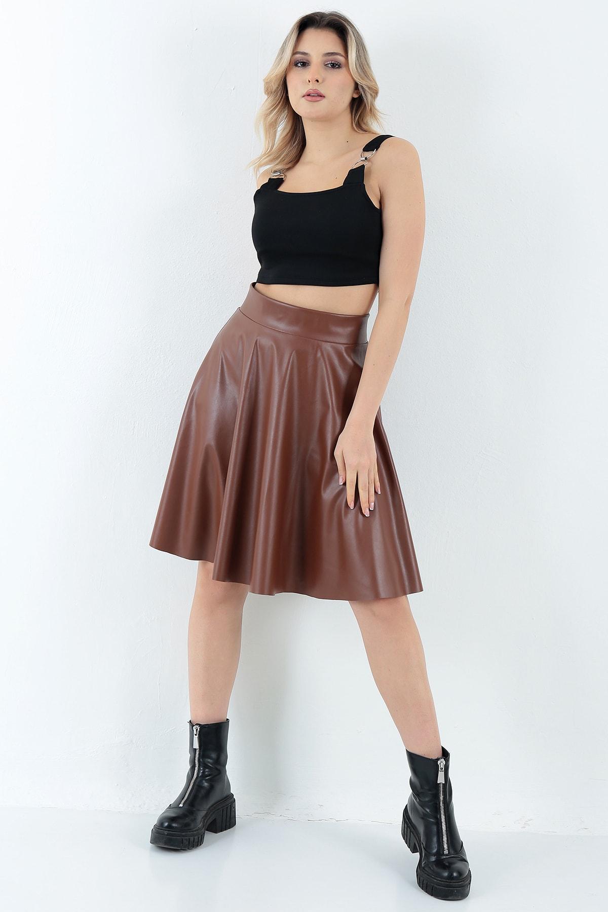 WAYS Kadın Taba Kloş Suni Deri Etek Faux Leather