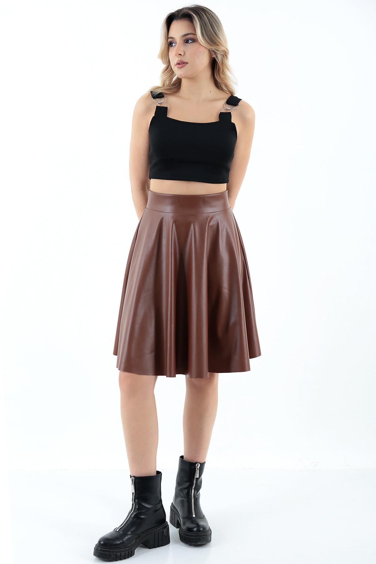 WAYS Kadın Taba Kloş Suni Deri Etek Faux Leather