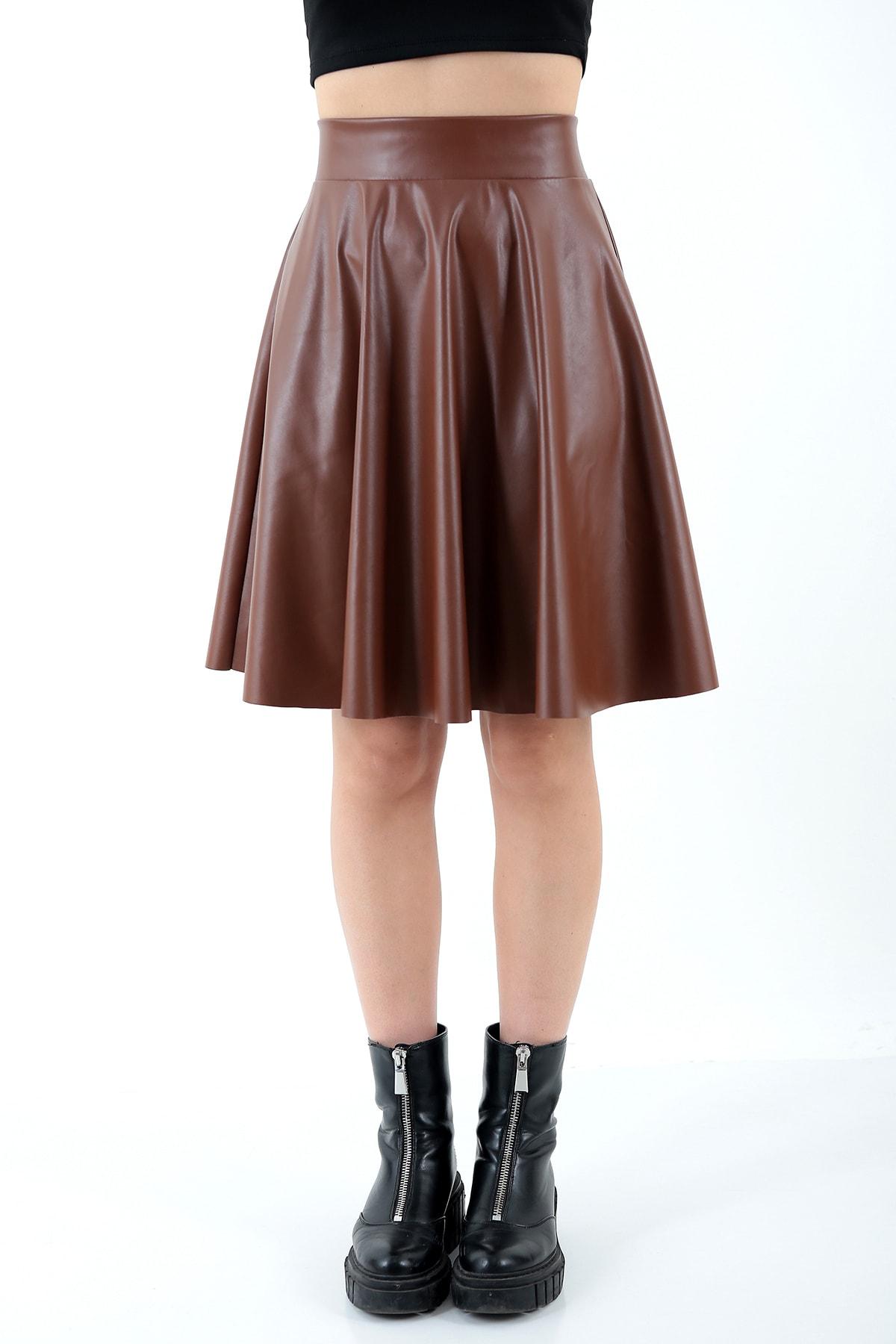 WAYS Kadın Taba Kloş Suni Deri Etek Faux Leather