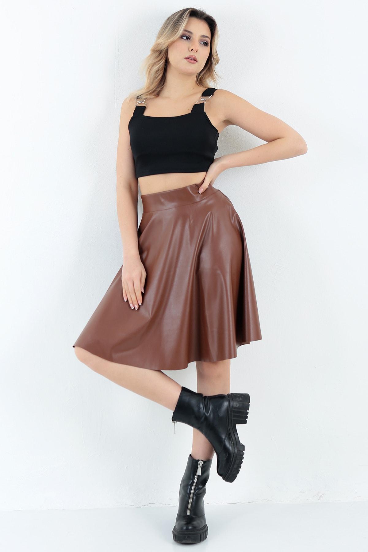 WAYS Kadın Taba Kloş Suni Deri Etek Faux Leather