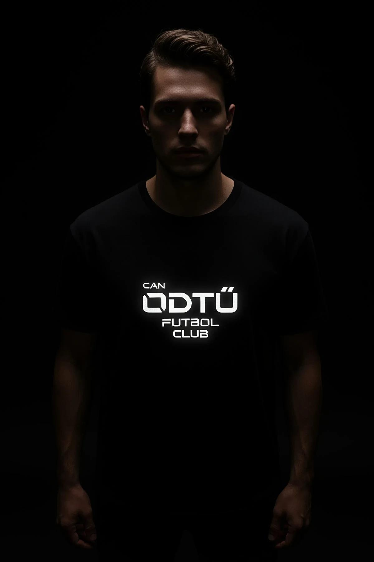 Glowing Logo T-Shirt Front View Black Cotton Jersey Illuminated Text