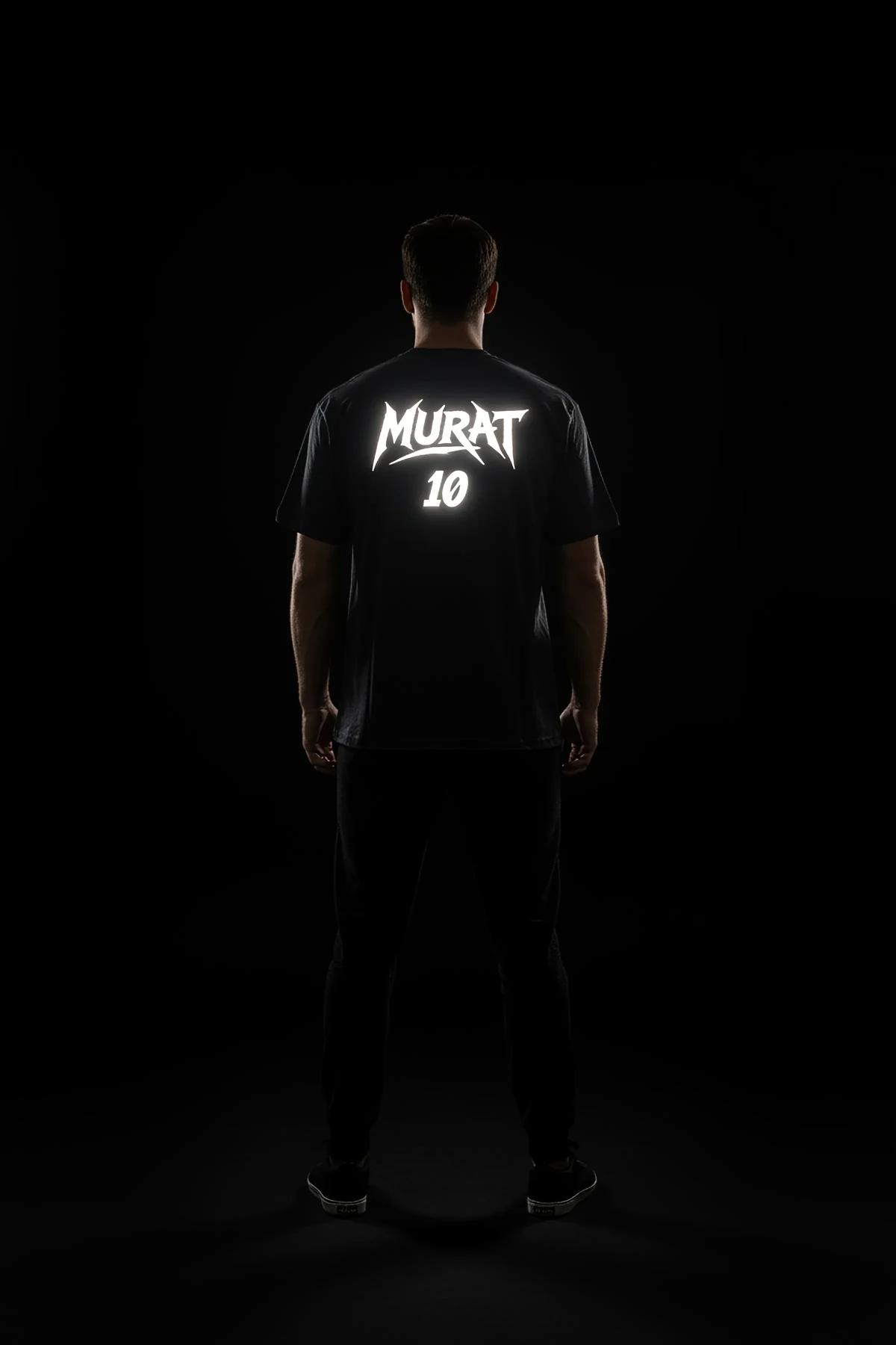 MURAT 10 reflektörlü sırt baskılı siyah oversize tişört, karanlıkta parlayan reflektör baskı