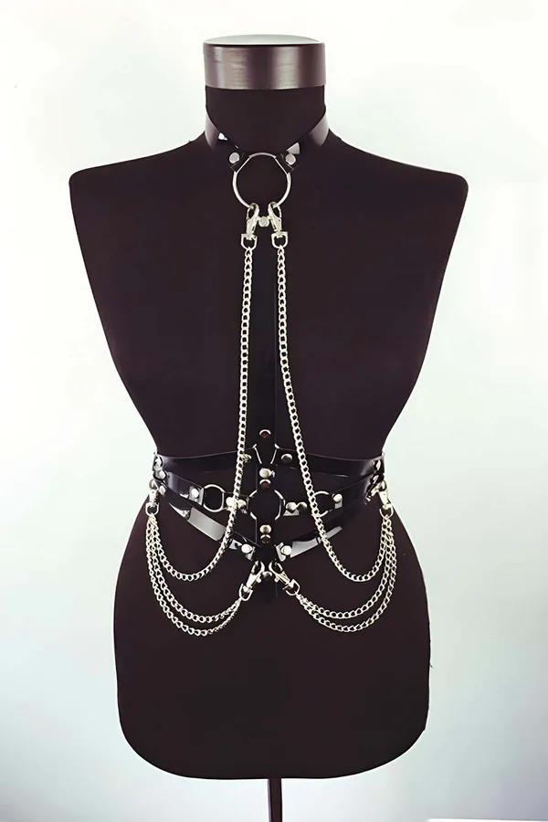 Faux Leather Body Harness with O-Ring & Chain Accents