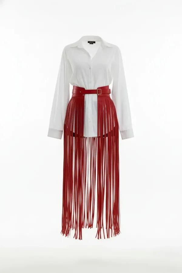 Red Faux Leather Fringe Waist Harness Skirt Overlay