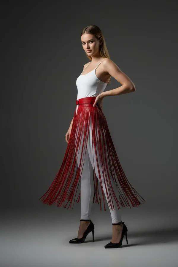 Red Faux Leather Fringe Skirt Overlay Belt