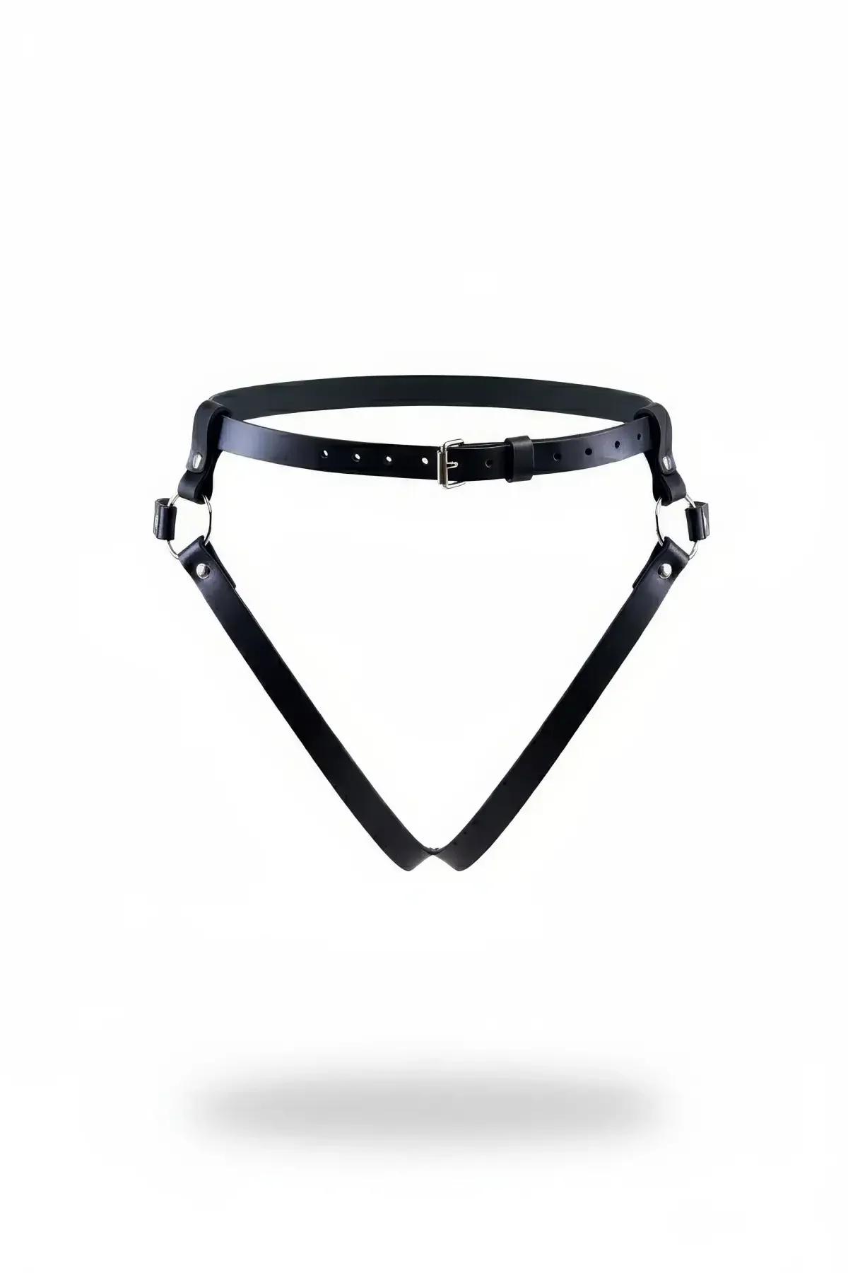 Matte Black Vegan Leather Hip Harness Garter Belt with Adjustable Waist Straps and Caged Thong Detail View