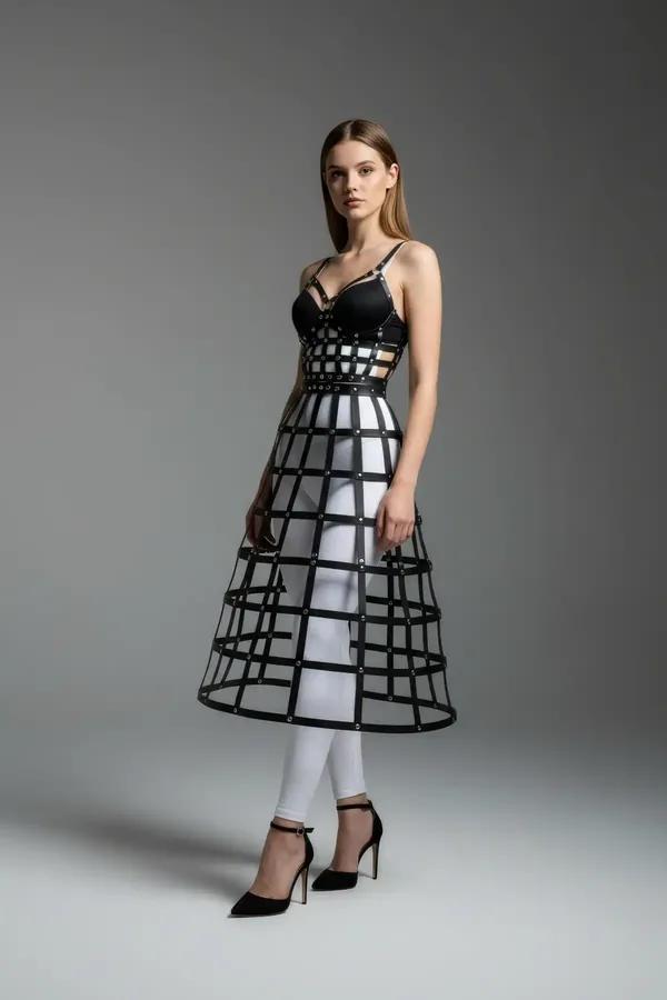Structured Cage Skirt with Faux Leather Strapping