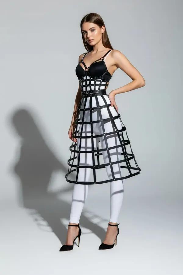 Structured Cage Skirt with Faux Leather Strapping