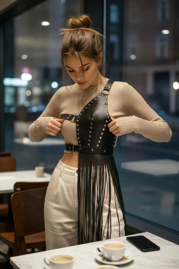 Asymmetrical Studded Fringe Harness Waist Belt