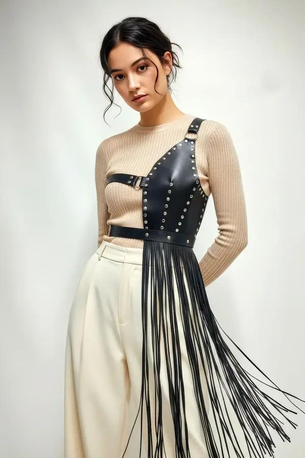 Asymmetrical Studded Fringe Harness Waist Belt