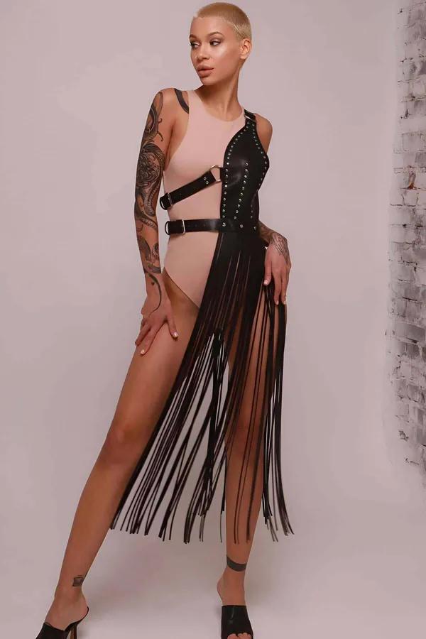 Asymmetrical Fringe Faux Leather Harness Skirt