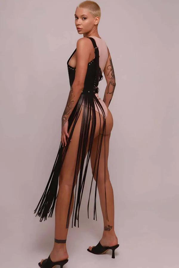 Asymmetrical Fringe Faux Leather Harness Skirt