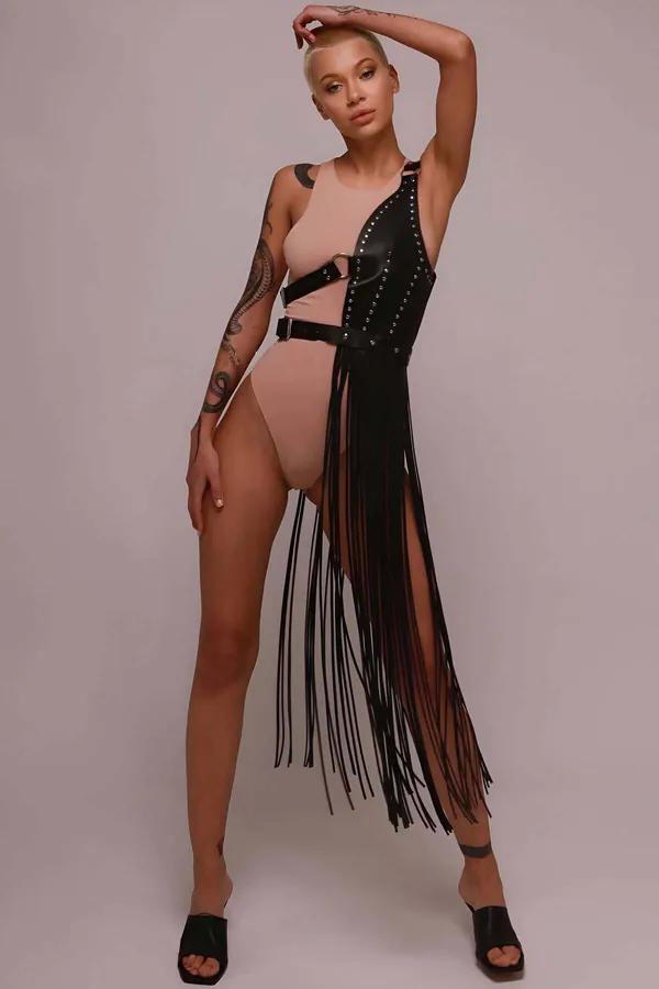 Asymmetrical Fringe Faux Leather Harness Skirt