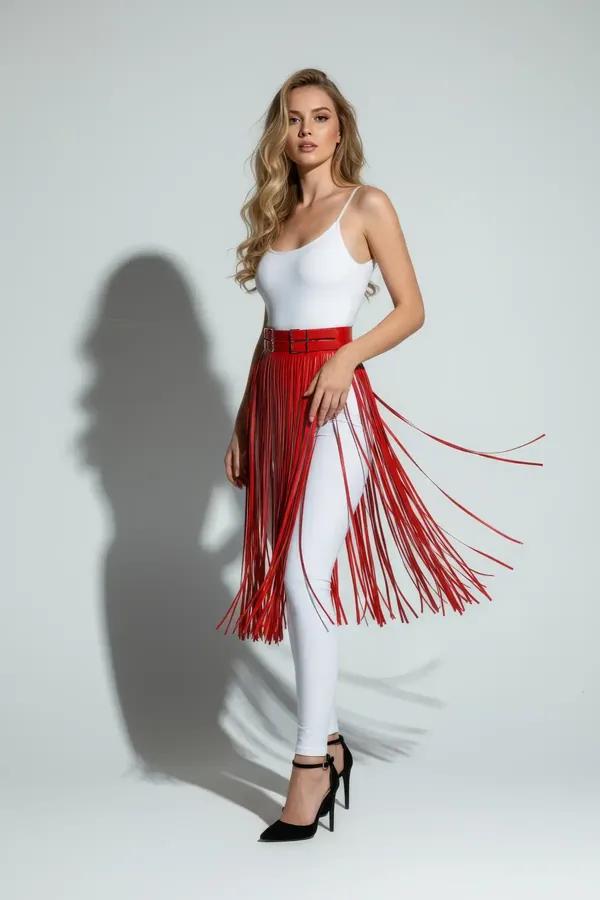 Red Faux Leather Fringe Waist Harness Skirt