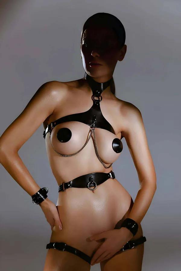 Faux Leather Full Body Harness with O-Ring & Chains