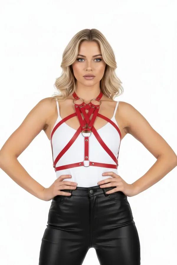 Strappy Red Faux Leather Chest Harness with O-Ring