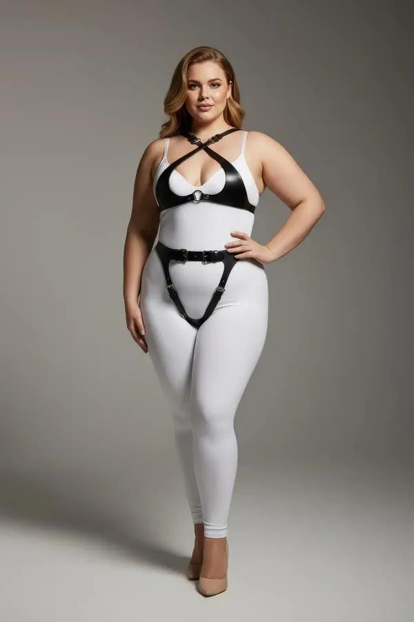 black faux leather full body harness set with O-ring chest piece and garter hip belt, silver buckle hardware