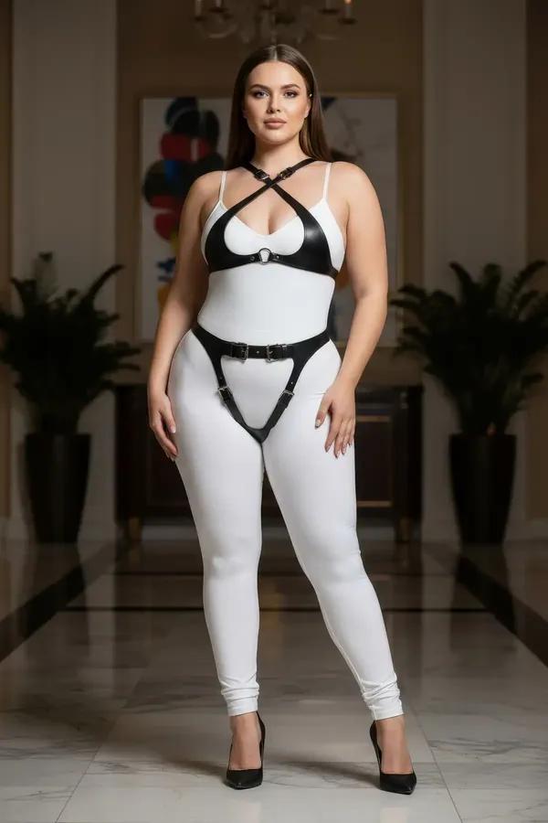 black faux leather full body harness set with O-ring chest piece and garter hip belt, silver buckle hardware