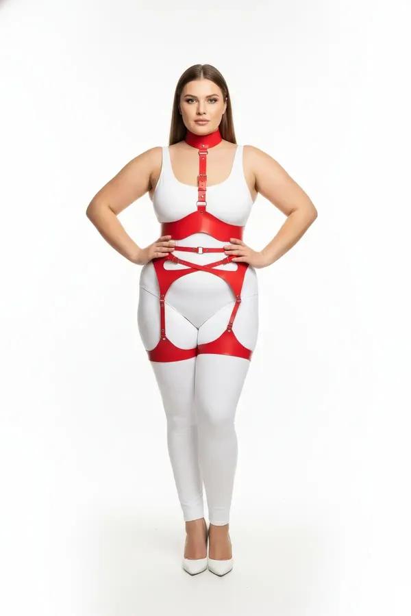 red faux leather body harness with choker collar underbust band cross-straps and four garter straps front view plus-size