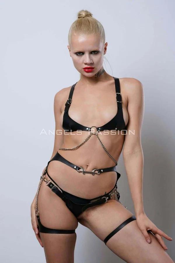 Faux Leather Full Body Harness with O-Ring & Chain