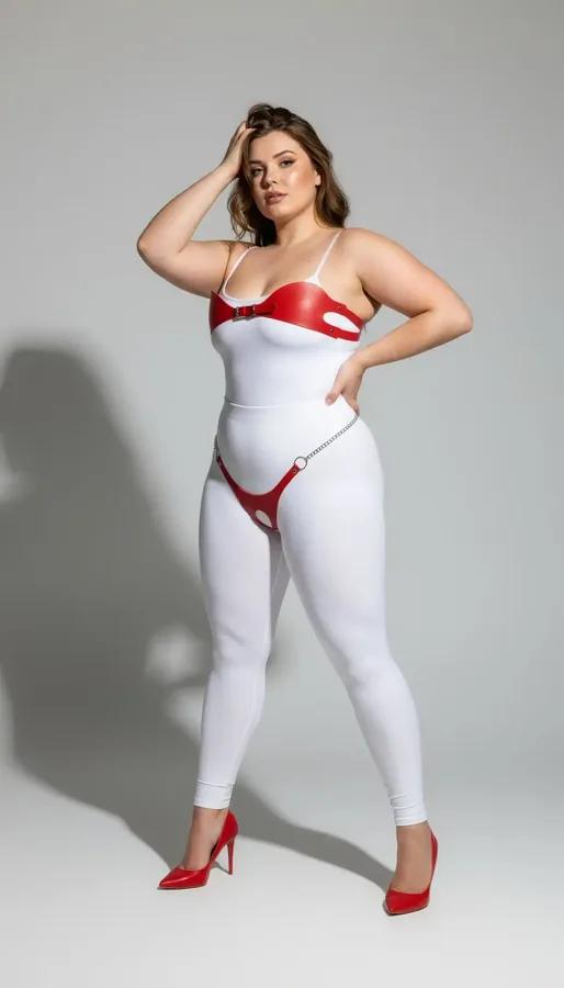 red faux leather body harness set with silver chain waist detail structured bra top and lower panel plus size model