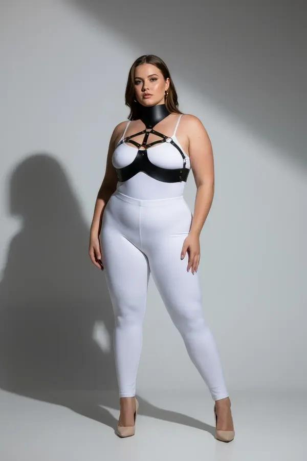 black faux leather chest harness with structured high collar gold O-rings cage strap panel and underbust band