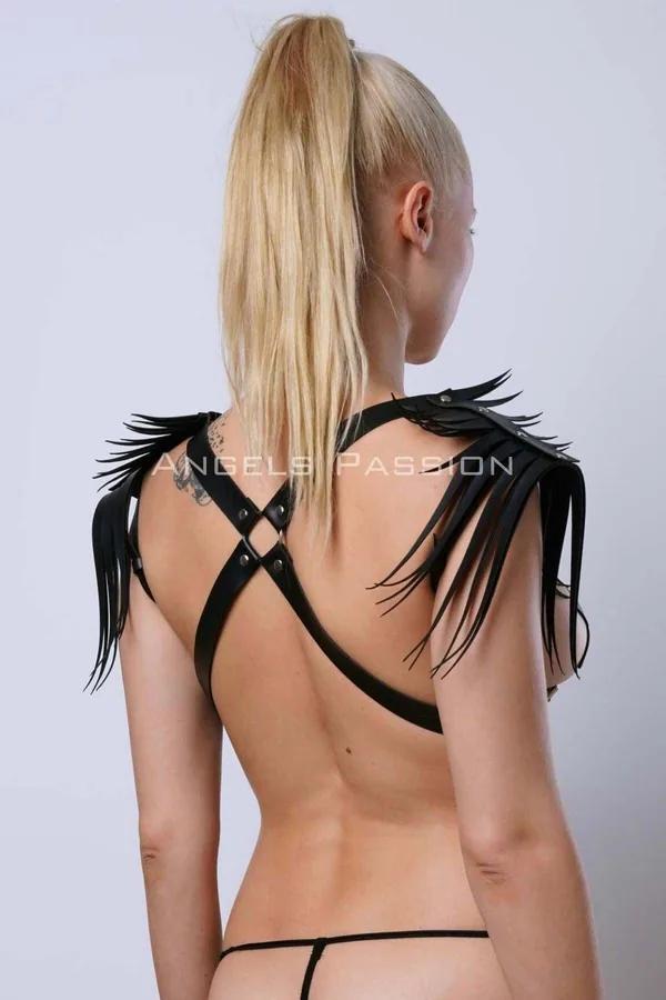 Black Faux Leather Shoulder Harness with Fringe