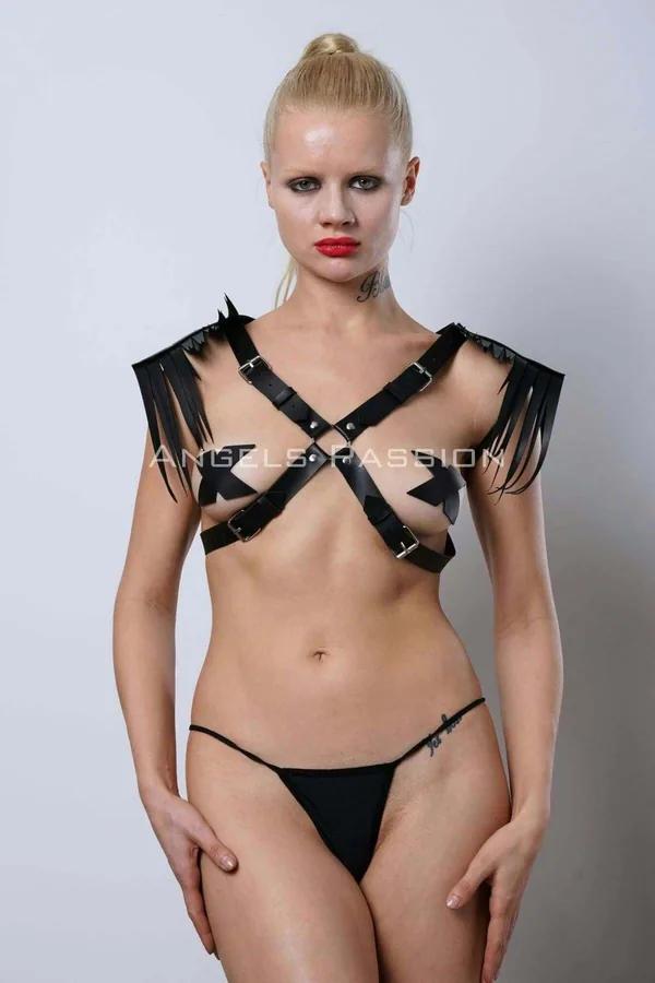 Black Faux Leather Shoulder Harness with Fringe
