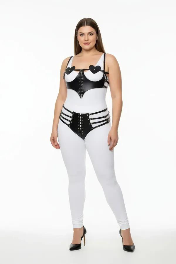black faux leather harness set with heart detail chest piece and multi-strap hip harness with silver eyelet corset lacing