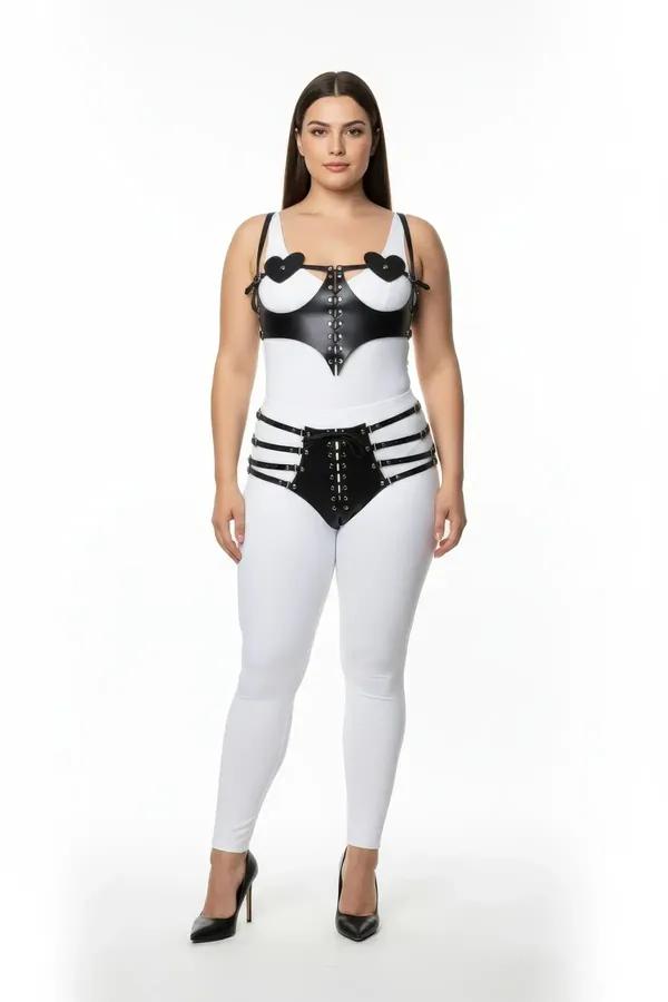 black faux leather harness set with heart detail chest piece and multi-strap hip harness with silver eyelet corset lacing