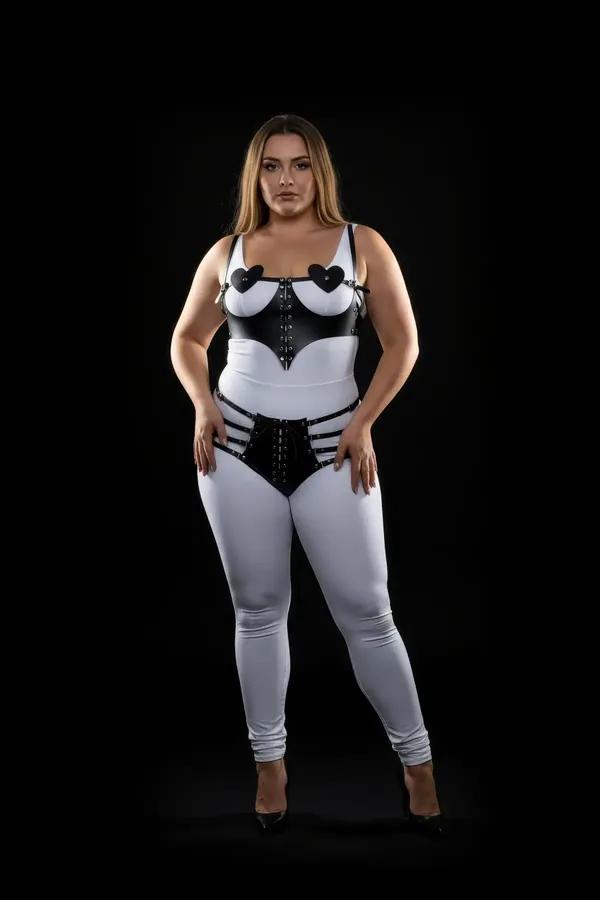 black faux leather harness set with heart detail chest piece and multi-strap hip harness with silver eyelet corset lacing