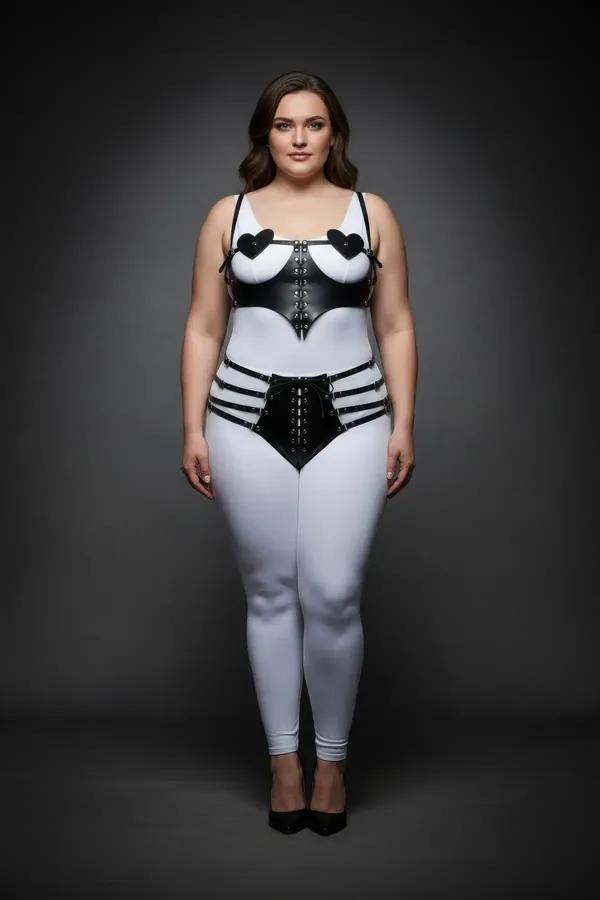 black faux leather harness set with heart detail chest piece and multi-strap hip harness with silver eyelet corset lacing