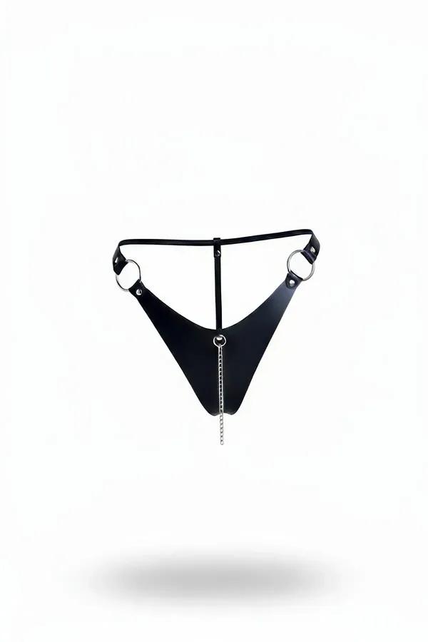 Faux Leather Thong Harness with O-Rings & Dangle Chain