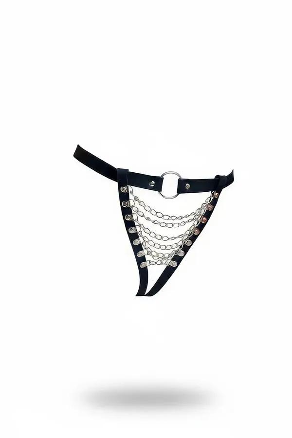 Faux Leather Harness Thong with Silver O-Ring & Chains