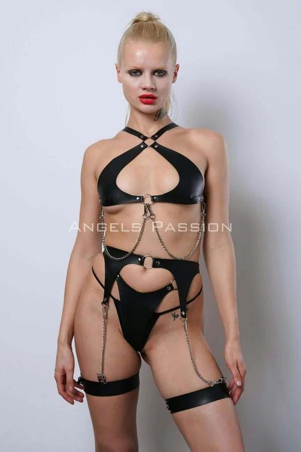 siyah vegan deri harness takım gümüş zincir ve O-ring detaylı 5 parçalı club wear set