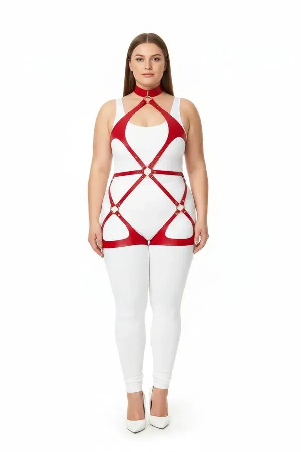 Red Faux Leather Full Body Harness with O-Ring Details