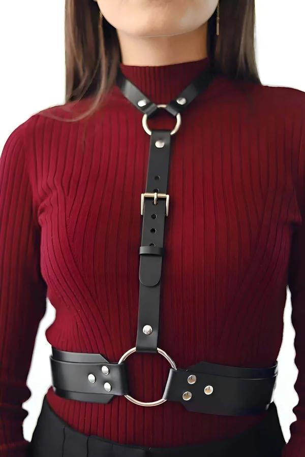 Adjustable Faux Leather Waist Belt with O-Ring Chest Harness