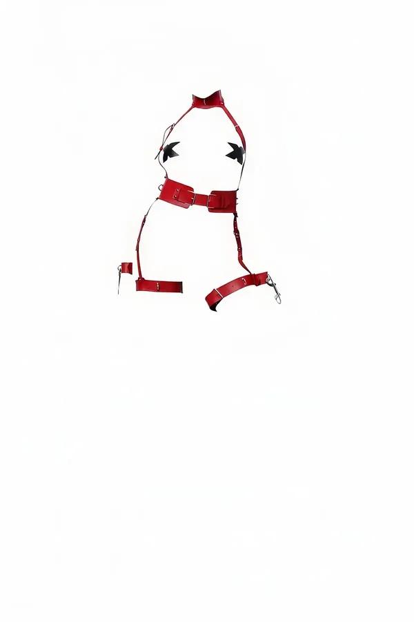 Faux leather body harness in red featuring a high neck collar, double-buckle waist belt, and adjustable thigh strap cuffs