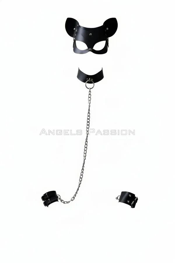Vegan leather cat mask black set featuring a matching collar with silver metal ring and chain linked to wrist cuffs