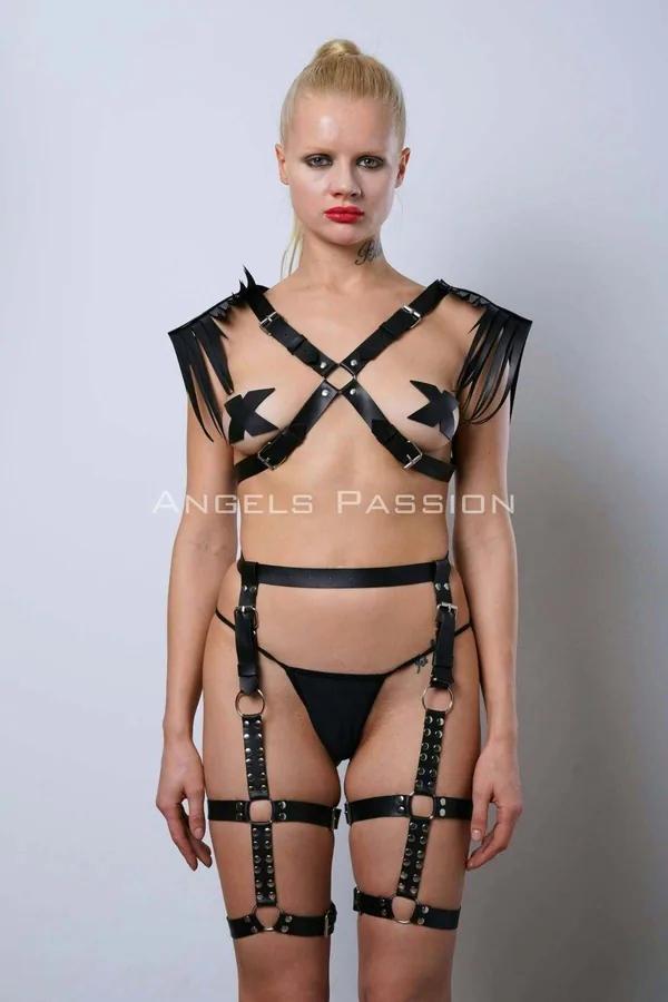 Faux Leather Full Body Harness with Fringe Shoulders & Garter
