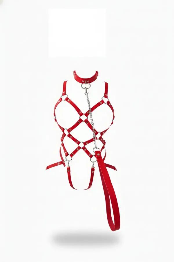 Red faux leather caged body harness featuring silver O-rings and a detachable metal chain leash with a loop handle.