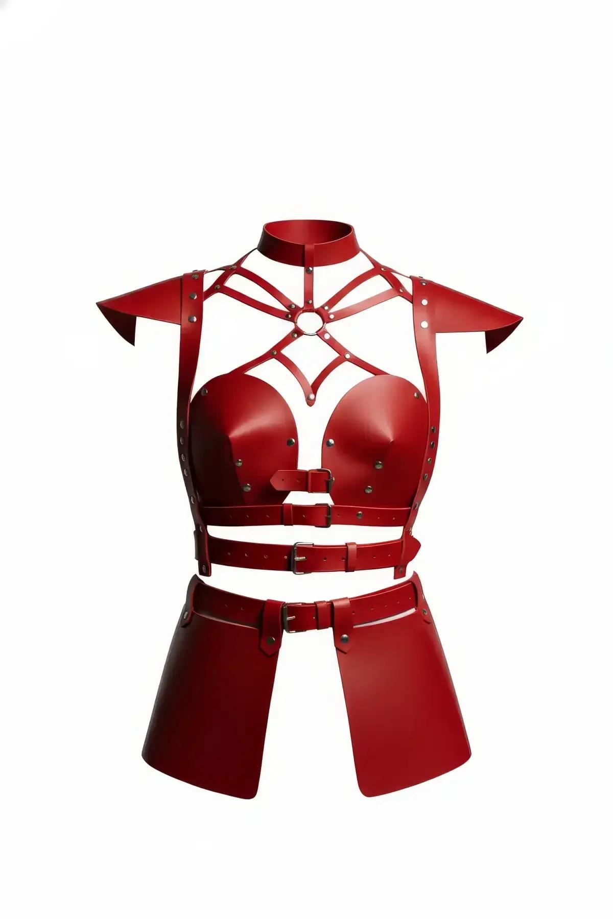 Red Faux Leather Chest Harness and Skirt Set