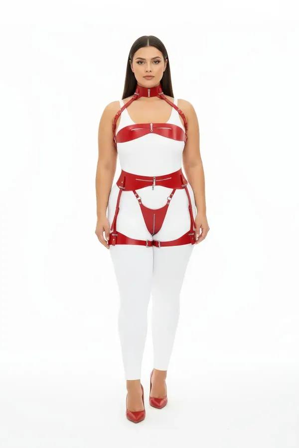 Red patent faux leather body harness and garter set with silver zip hardware and choker collar, front view on model