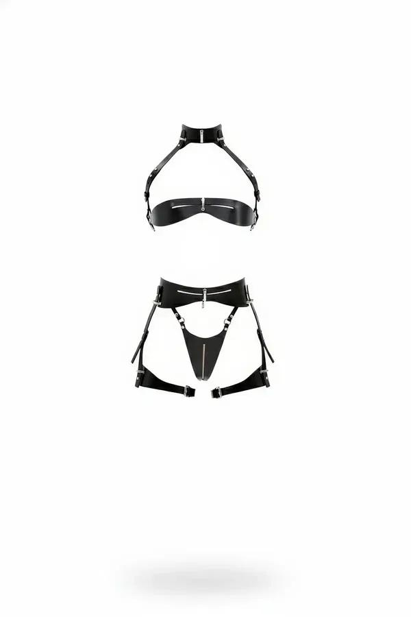 Garter harness set black vegan leather bralette with silver front zippers and adjustable thigh straps
